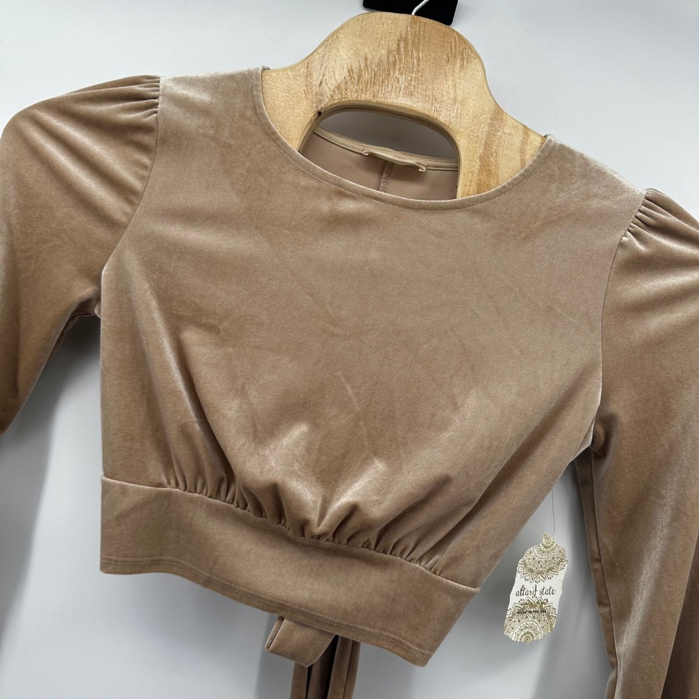 Altard State Velvet Crop Top Long Sleeve Tie Back Casual Party Blouse Size Small